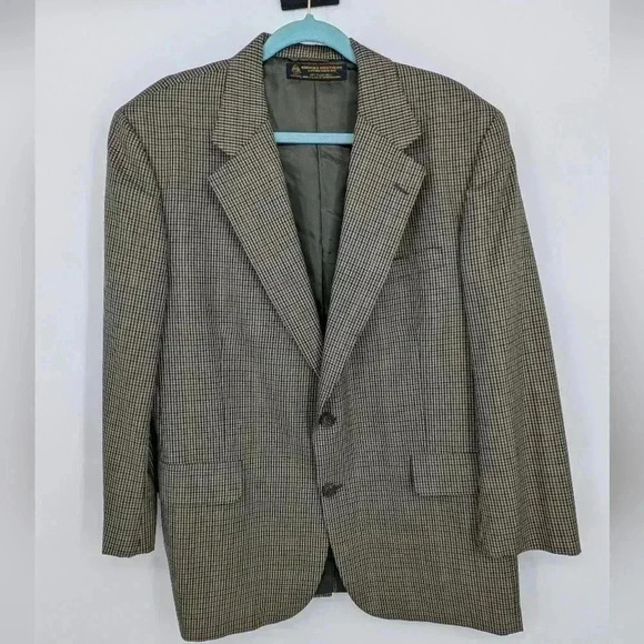 VTG Brooks Brothers Wool Micro Plaid Sports Coat Tan Black Brown and Green 44R - Picture 1 of 6